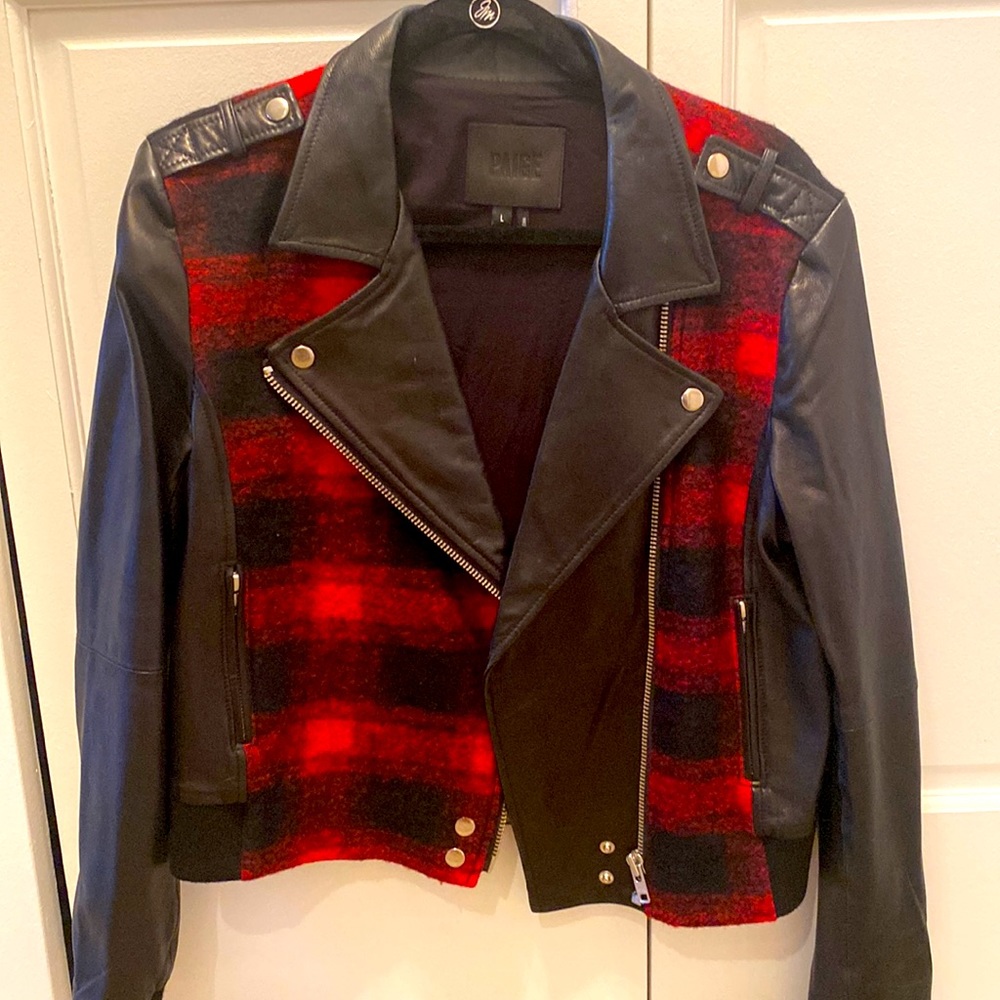 Paige real leather moto jacket with red flannel detail